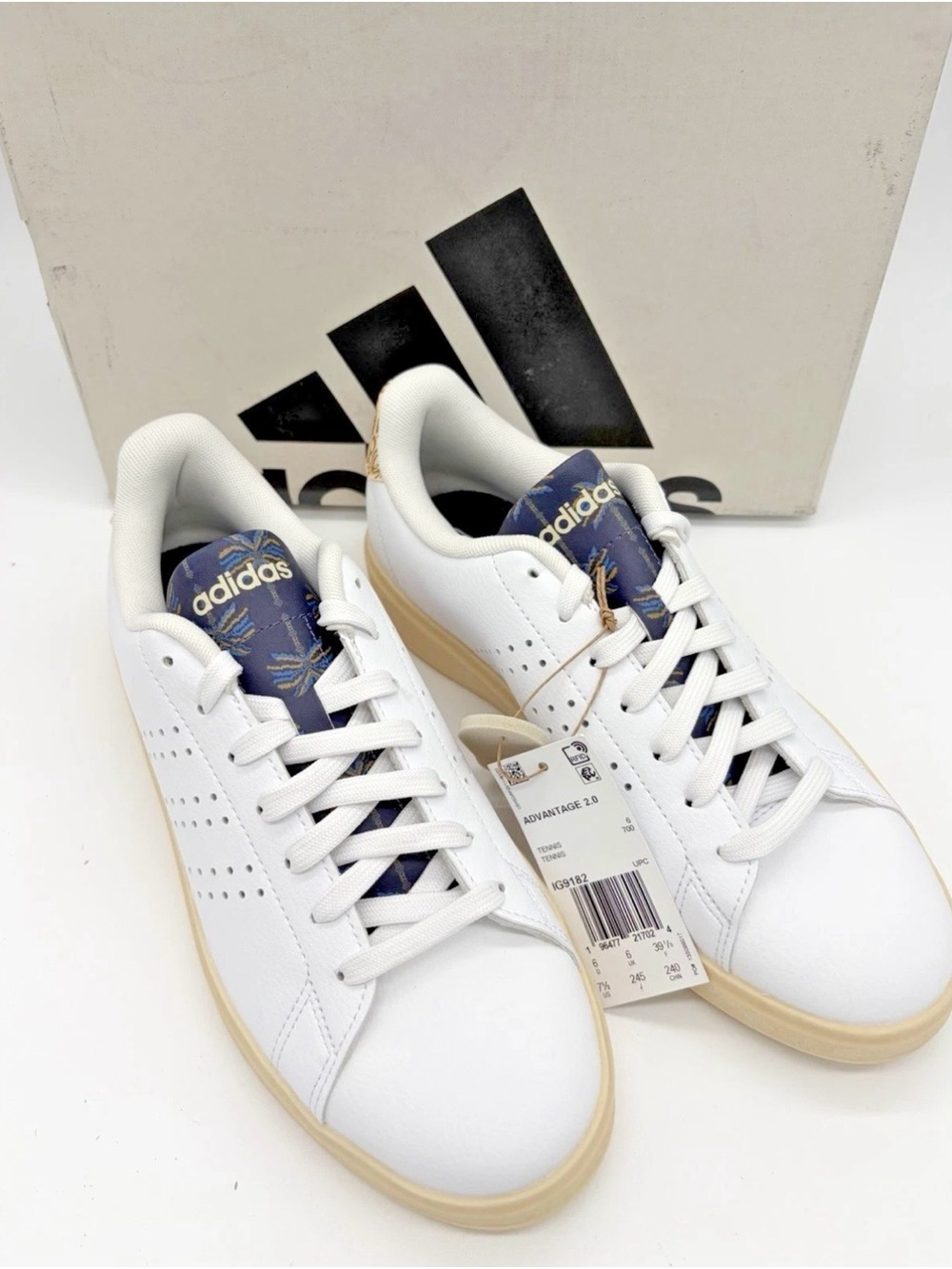 adidas Rio Advantage 2.0 White Sneakers with Navy Floral Tongue and Gum Sole
